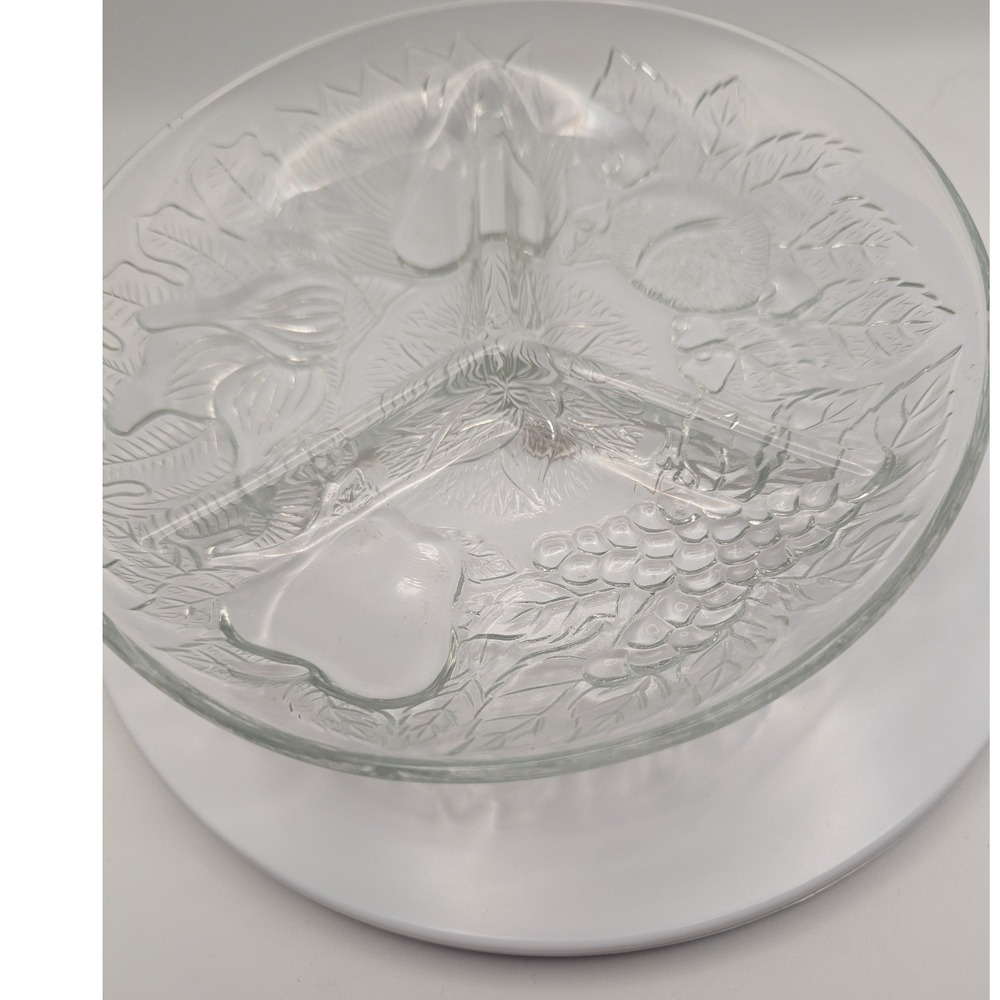 Vintage Kim Indonesia Divided Glass Relish Candy Nuts Tray Embossed Fruit Design